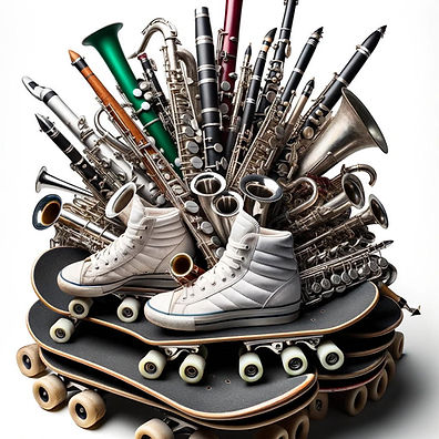 A mound of skateboards, rollerblades and musical instruments