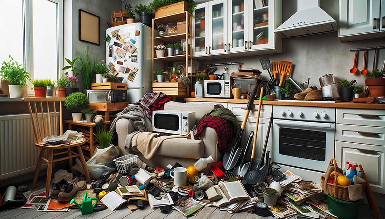 Photo of inside of a cluttered home, full of appliances and tools.