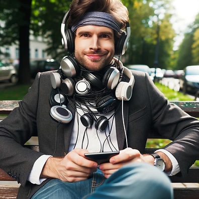 Photo of a man with an array of headphones